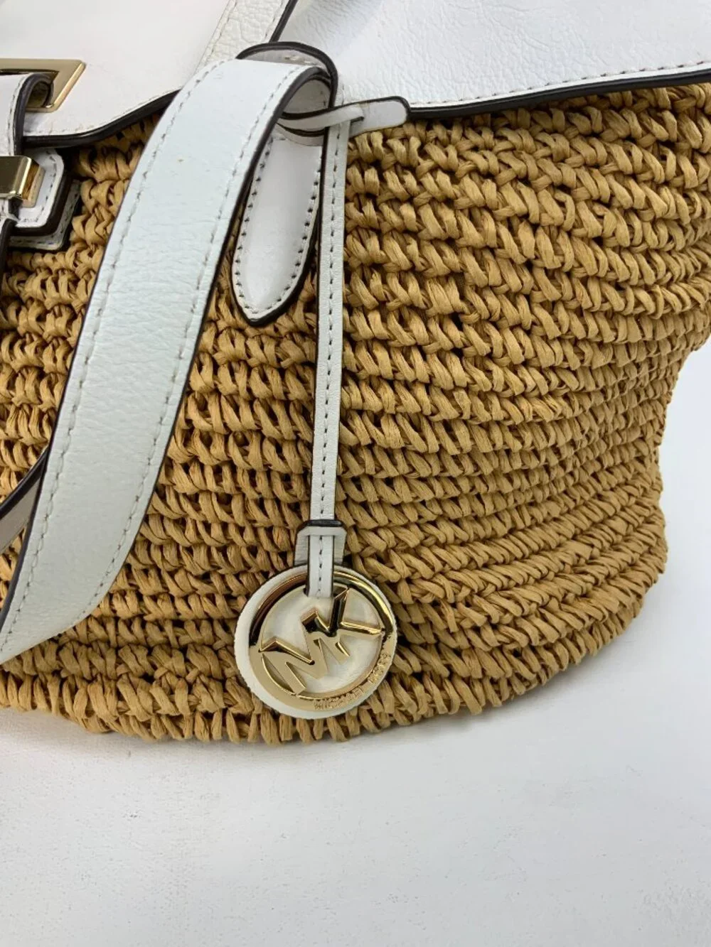 Michael Kors Naomi Straw Raffia Tote Bag White Leather Trim Vacation Summer
